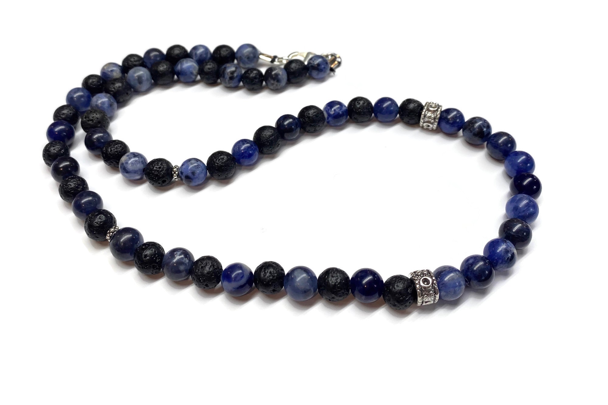 Blue Sodalite and Lava Rock Necklace - Antiqued Silver accents