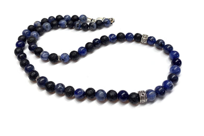 Blue Sodalite and Lava Rock Necklace - Antiqued Silver accents