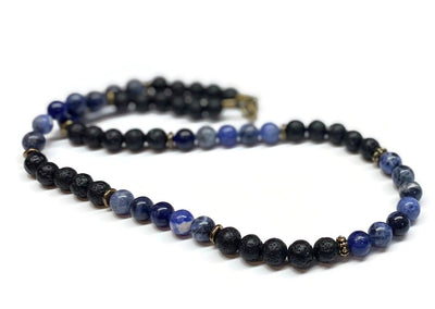 Blue Sodalite and Lava Rock Necklace - Antiqued Brass accents