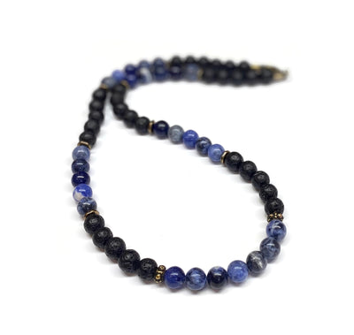 Blue Sodalite and Lava Rock Necklace - Antiqued Brass accents