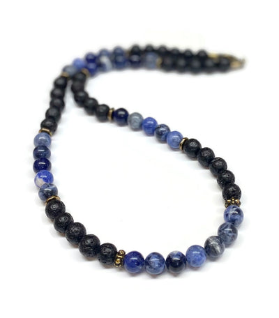 Blue Sodalite and Lava Rock Necklace - Antiqued Brass accents