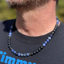 Load image into Gallery viewer, Blue Sodalite and Lava Rock Necklace - Antiqued Brass accents
