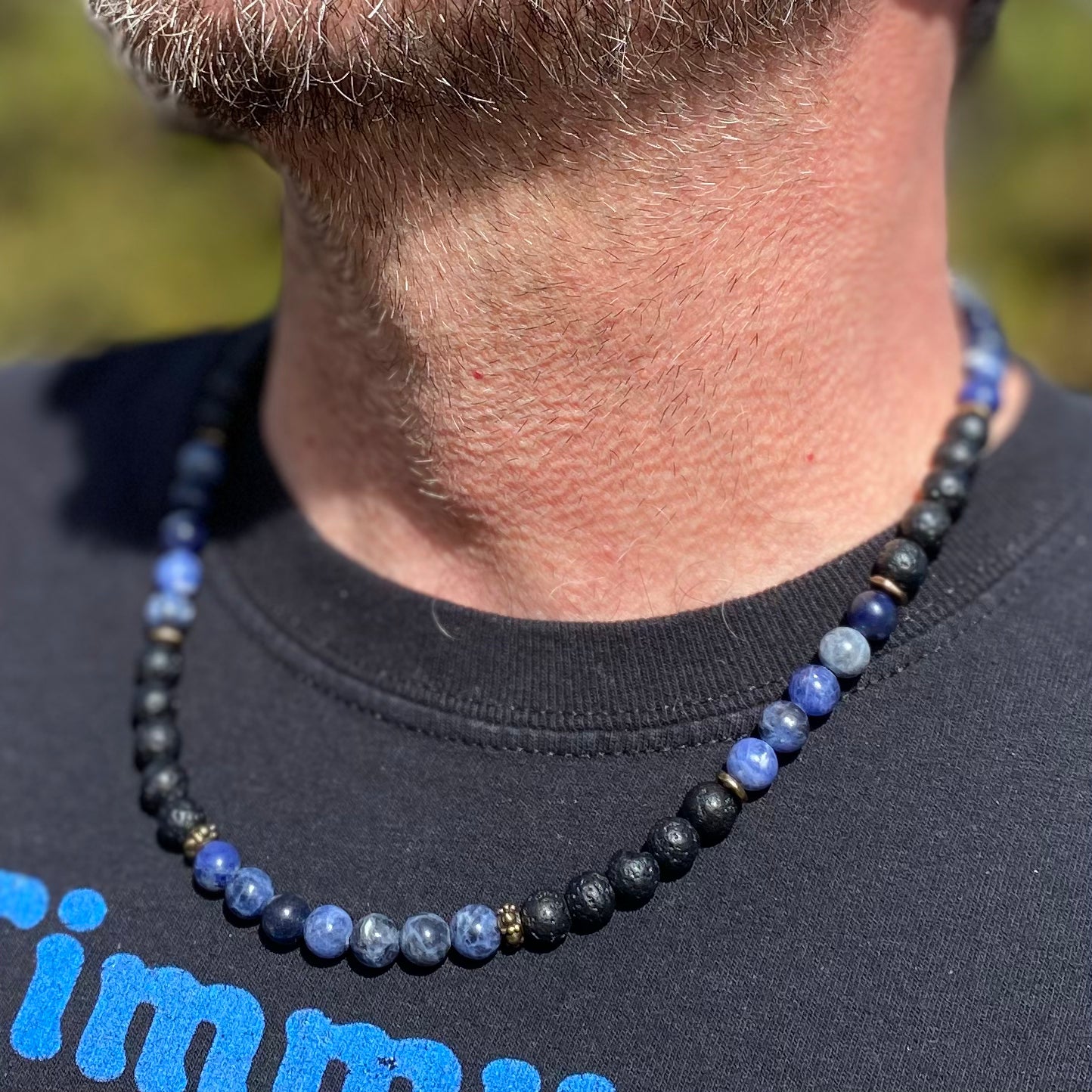 Blue Sodalite and Lava Rock Necklace - Antiqued Brass accents