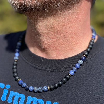 Blue Sodalite and Lava Rock Necklace - Antiqued Brass accents