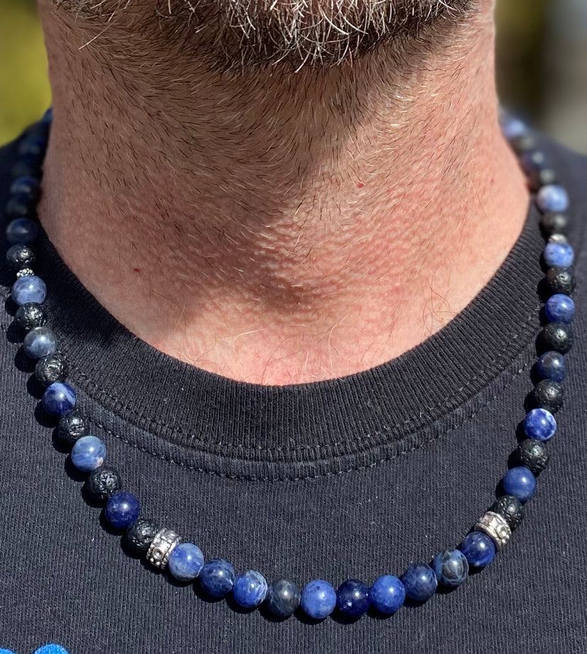 Blue Sodalite and Lava Rock Necklace - Antiqued Silver accents