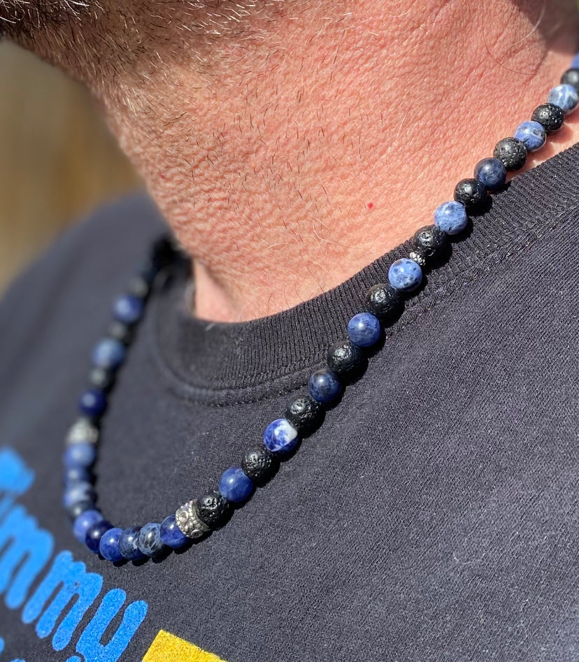 Blue Sodalite and Lava Rock Necklace - Antiqued Silver accents