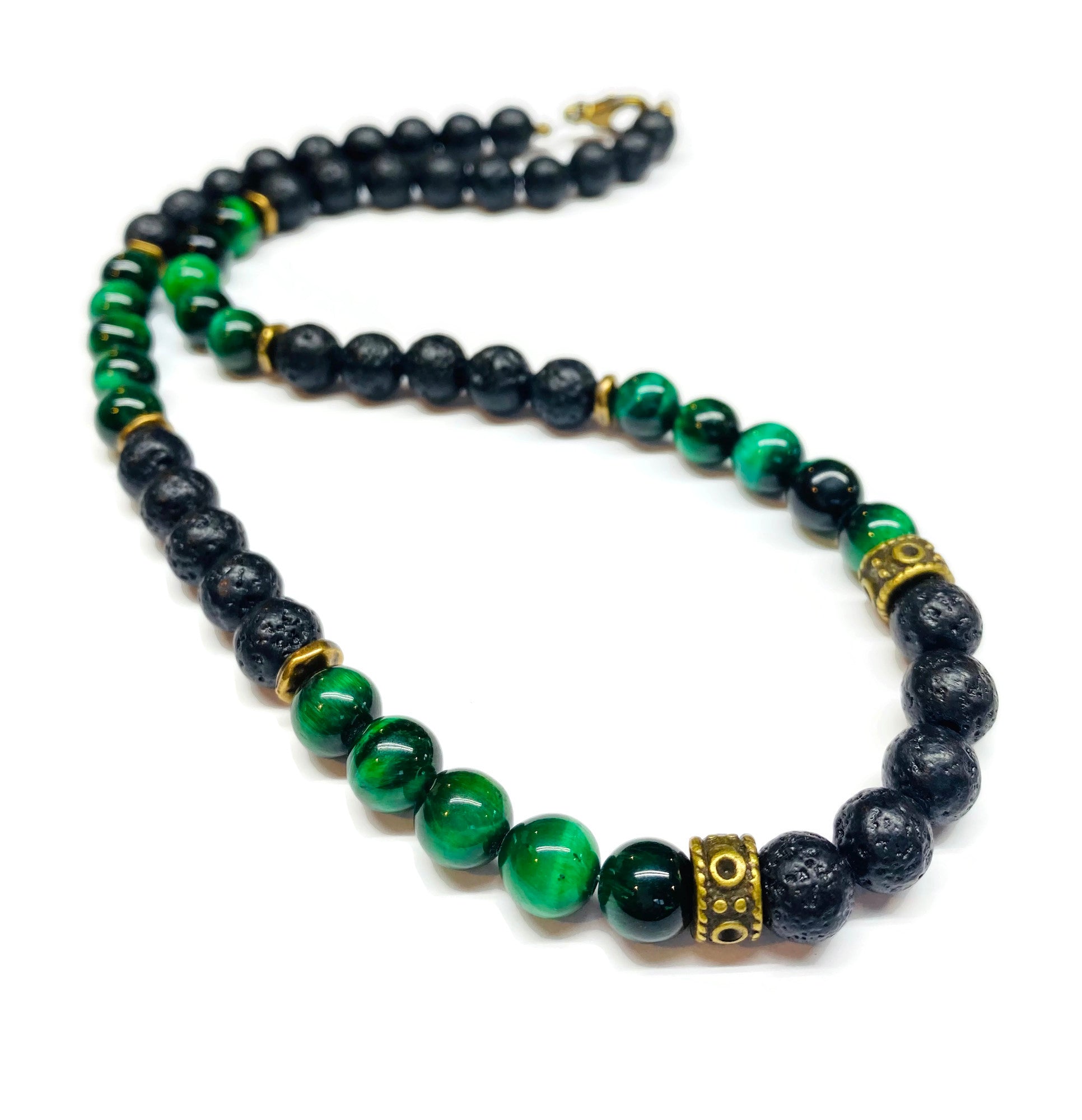green tiger eye lava rock necklace men