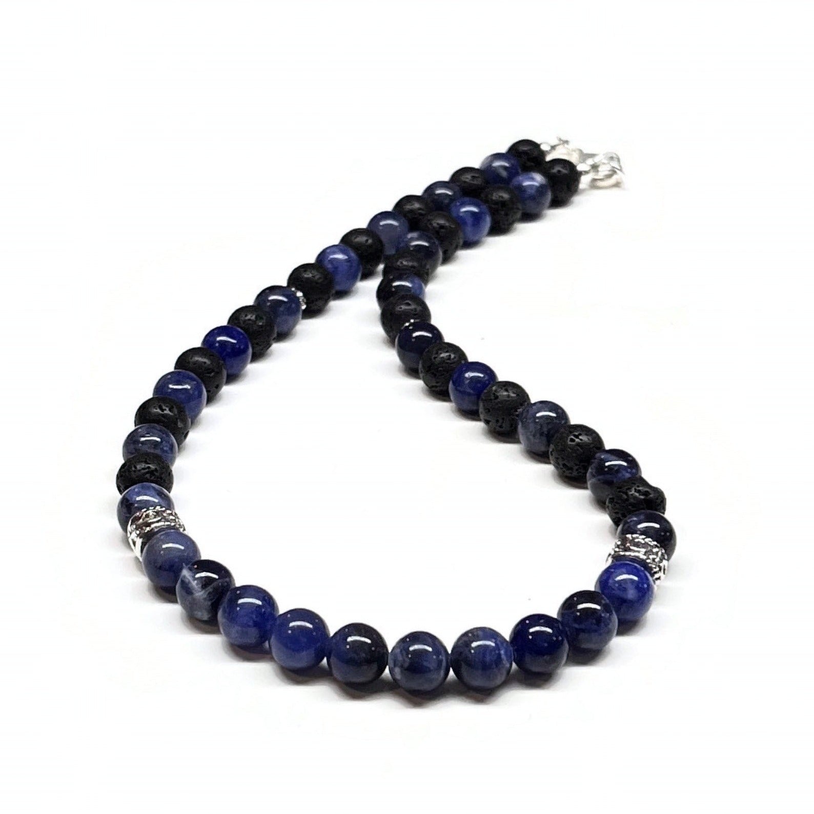 Blue Sodalite and Lava Rock Necklace - Antiqued Silver accents