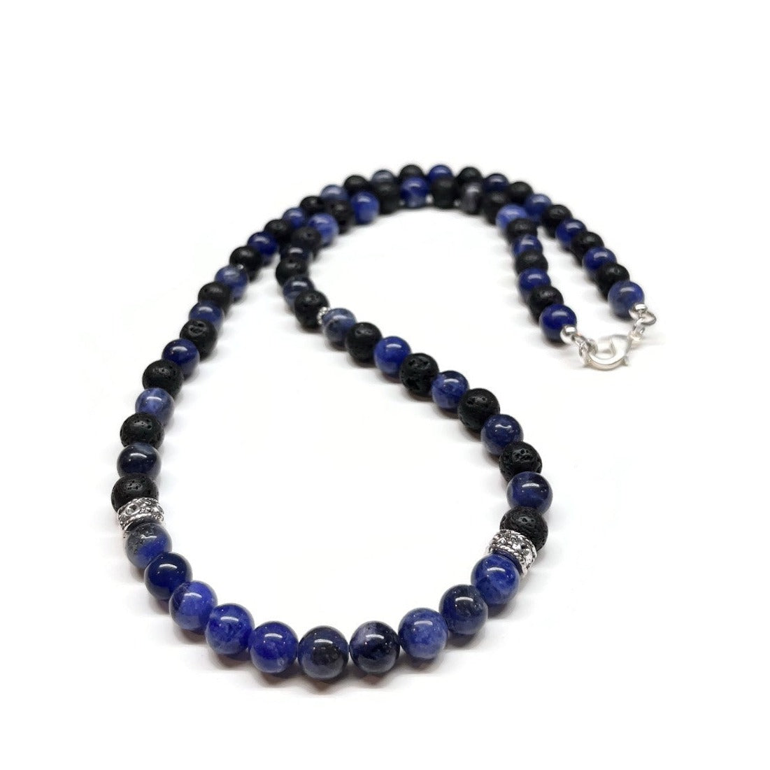 Blue Sodalite and Lava Rock Necklace - Antiqued Silver accents