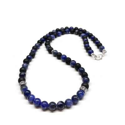 Blue Sodalite and Lava Rock Necklace - Antiqued Silver accents