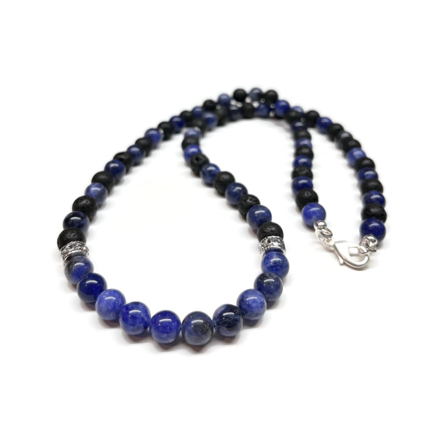 Blue Sodalite and Lava Rock Necklace - Antiqued Silver accents