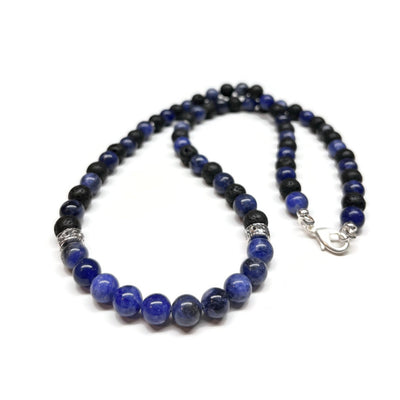 Blue Sodalite and Lava Rock Necklace - Antiqued Silver accents