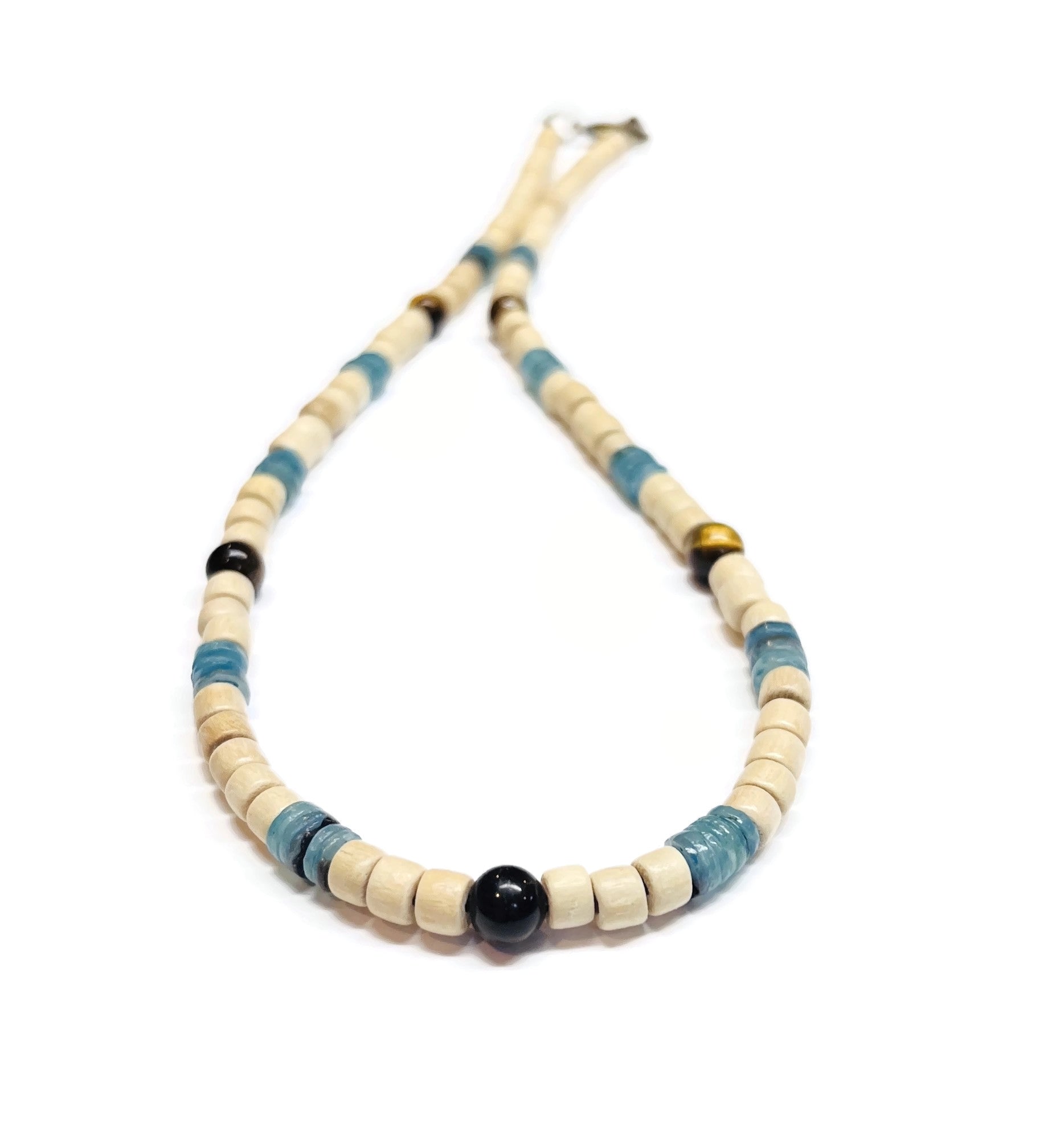Wood and Turquoise Shell Heishi beads with Yellow Tiger eye