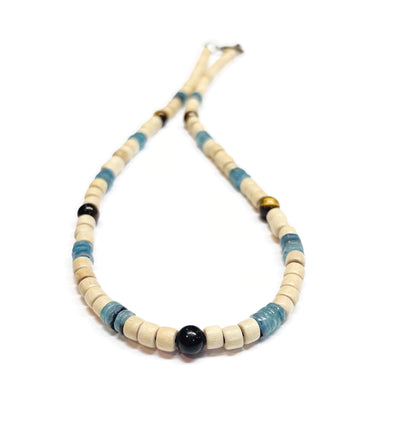 Wood and Turquoise Shell Heishi beads with Yellow Tiger eye