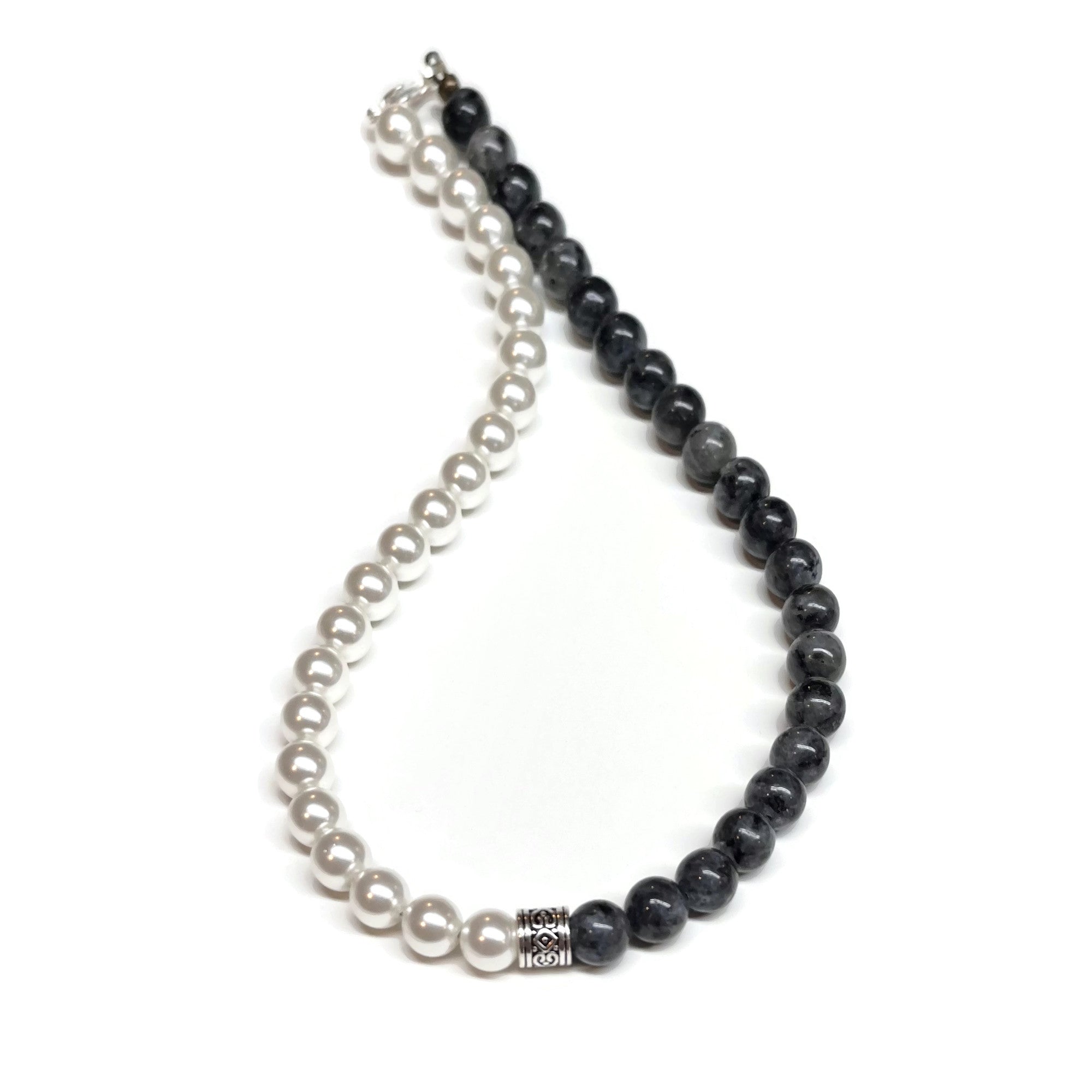 White Shell Pearl and Labradorite with pewter focal bead