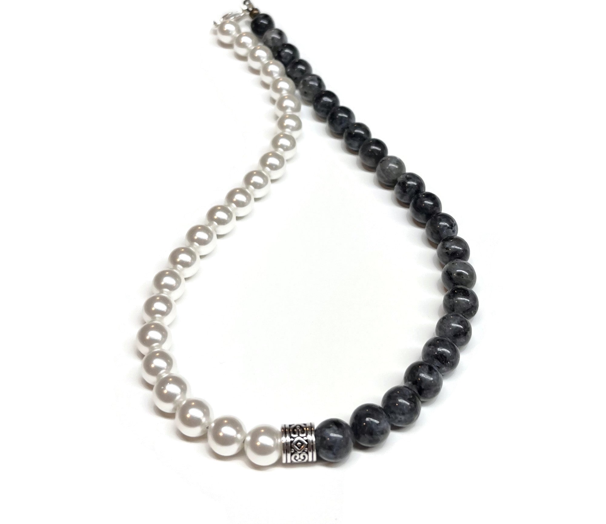 White Shell Pearl and Labradorite with pewter focal bead