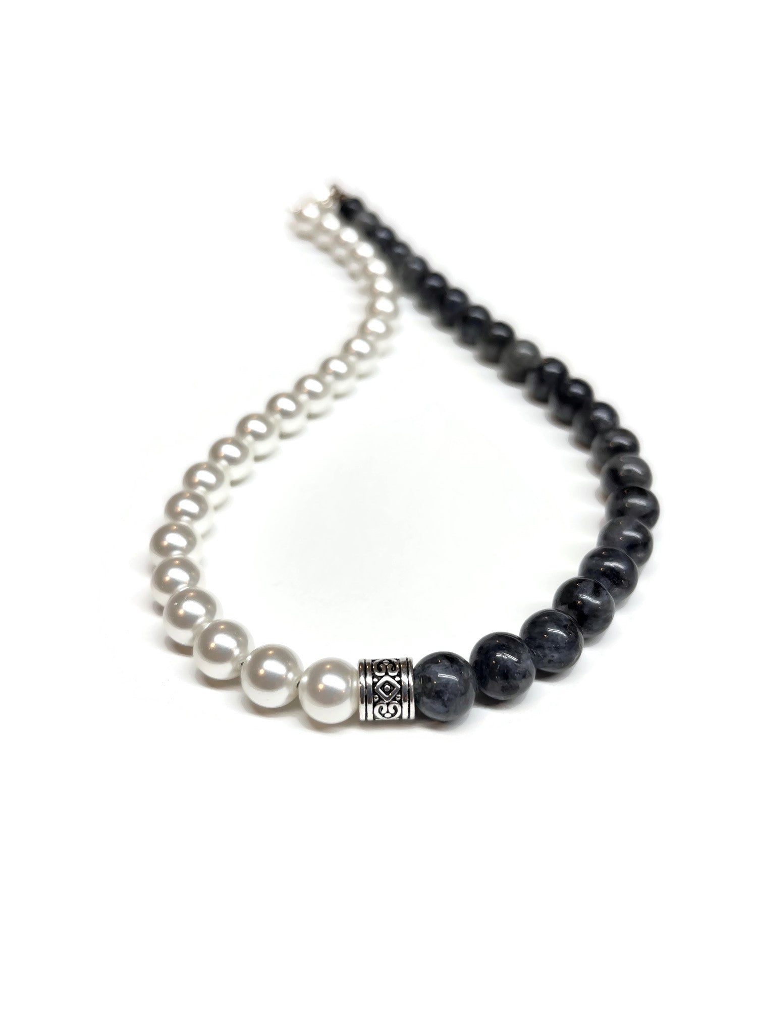 White Shell Pearl and Labradorite with pewter focal bead