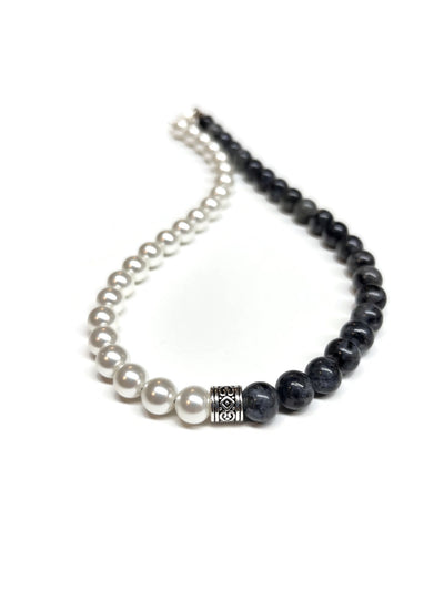 White Shell Pearl and Labradorite with pewter focal bead