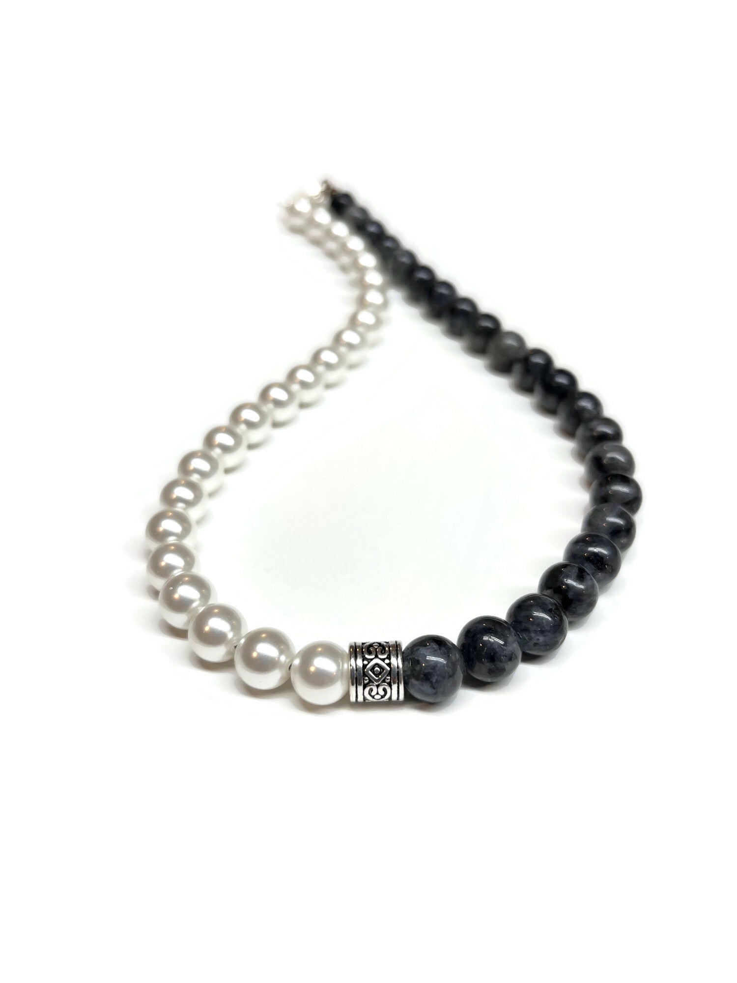 White Shell Pearl and Labradorite with pewter focal bead