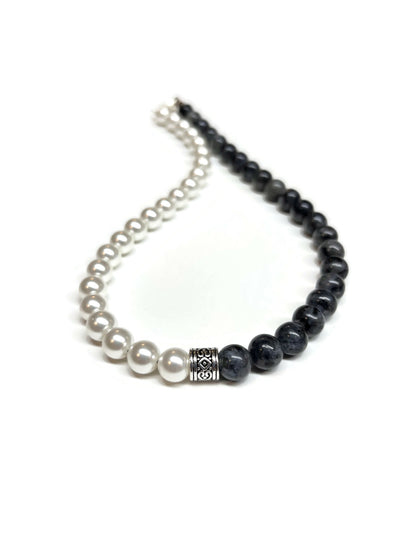 White Shell Pearl and Labradorite with pewter focal bead