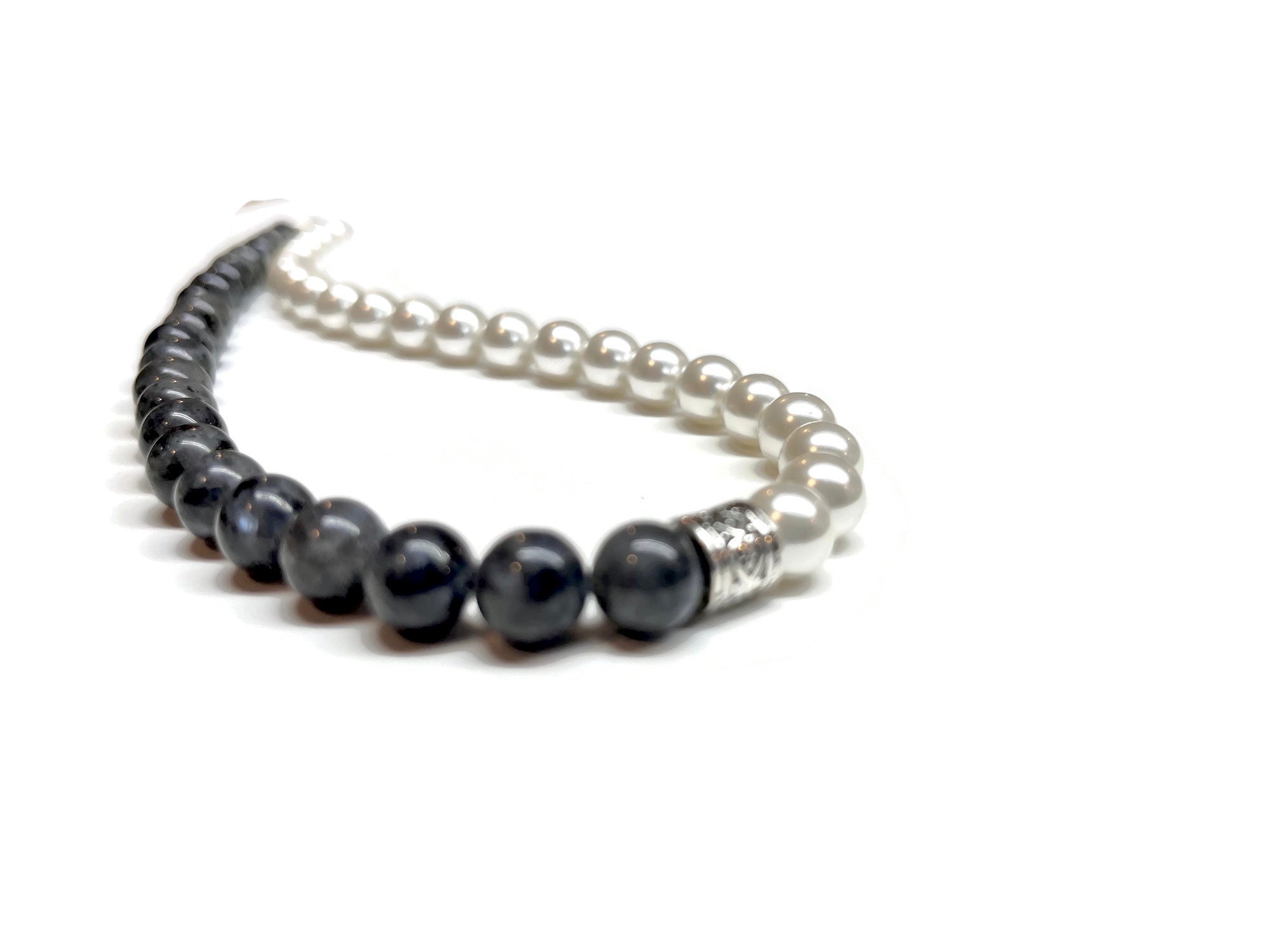 White Shell Pearl and Labradorite with pewter focal bead