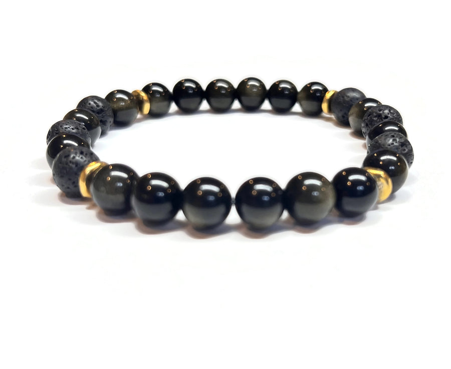 Golden Obsidian and Lava Rock Bracelet Men Unisex
