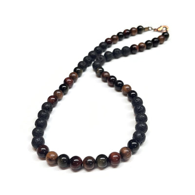 Beaded Men Necklace Obsidian Red Tiger Wood Lava Rock