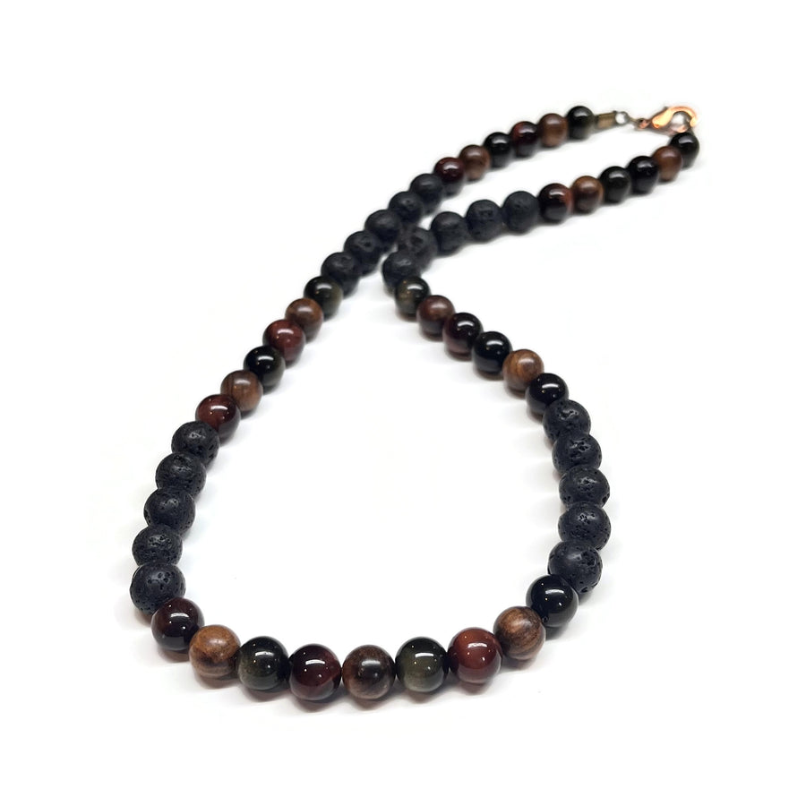 Beaded Men Necklace Obsidian Red Tiger Wood Lava Rock