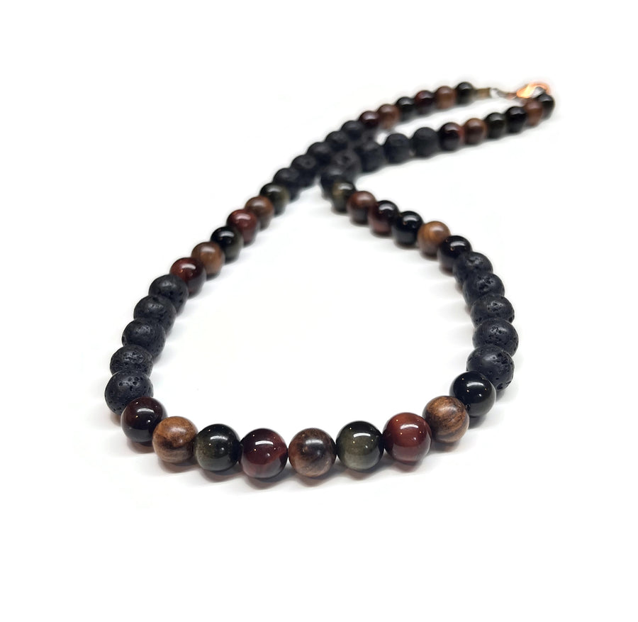 Beaded Men Necklace Obsidian Red Tiger Wood Lava Rock