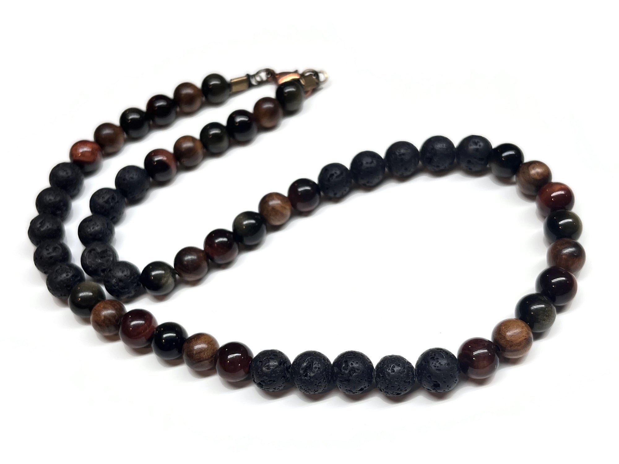 Beaded Men Necklace Obsidian Red Tiger Wood Lava Rock