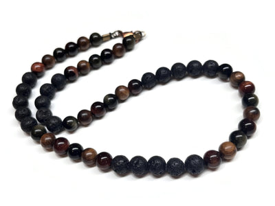 Beaded Men Necklace Obsidian Red Tiger Wood Lava Rock