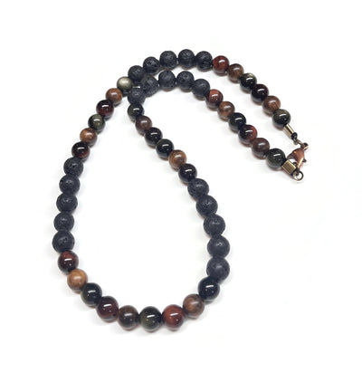 Beaded Men Necklace Obsidian Red Tiger Wood Lava Rock