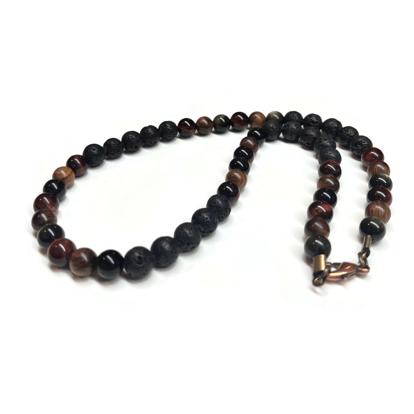 Beaded Men Necklace Obsidian Red Tiger Wood Lava Rock