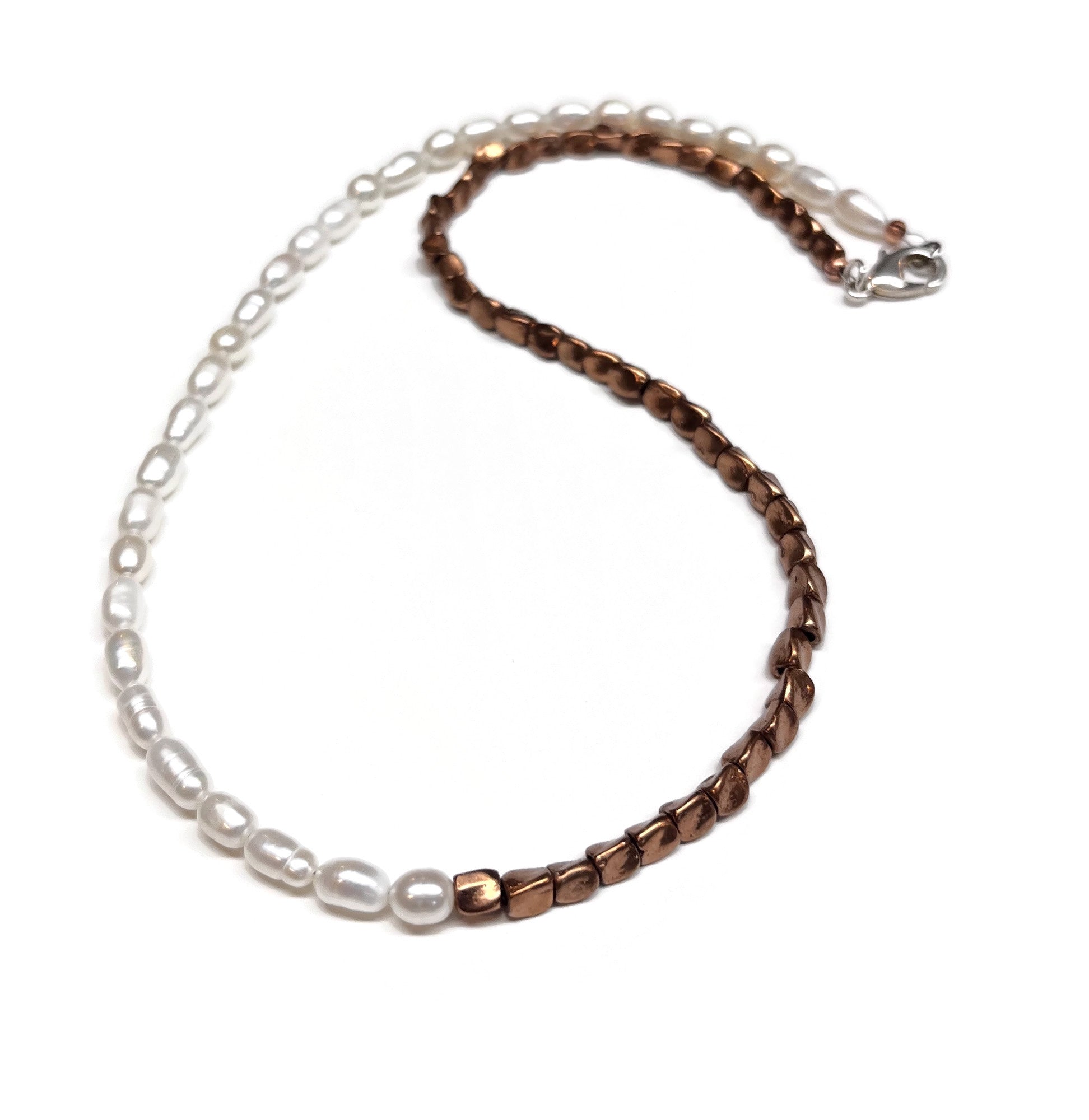 Freshwater Pearl and Copper Half and Half Beaded Necklace for Men