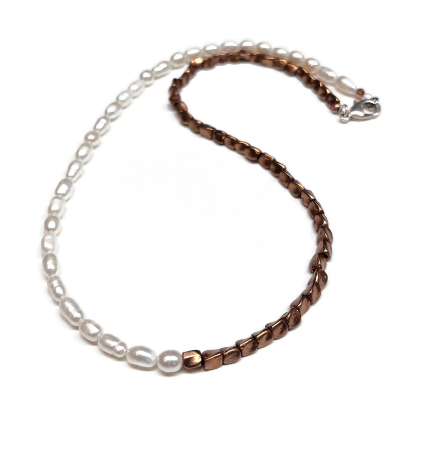 Freshwater Pearl and Copper Half and Half Beaded Necklace for Men