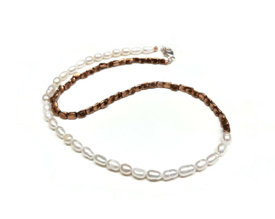 Freshwater Pearl and Copper Half and Half Beaded Necklace for Men
