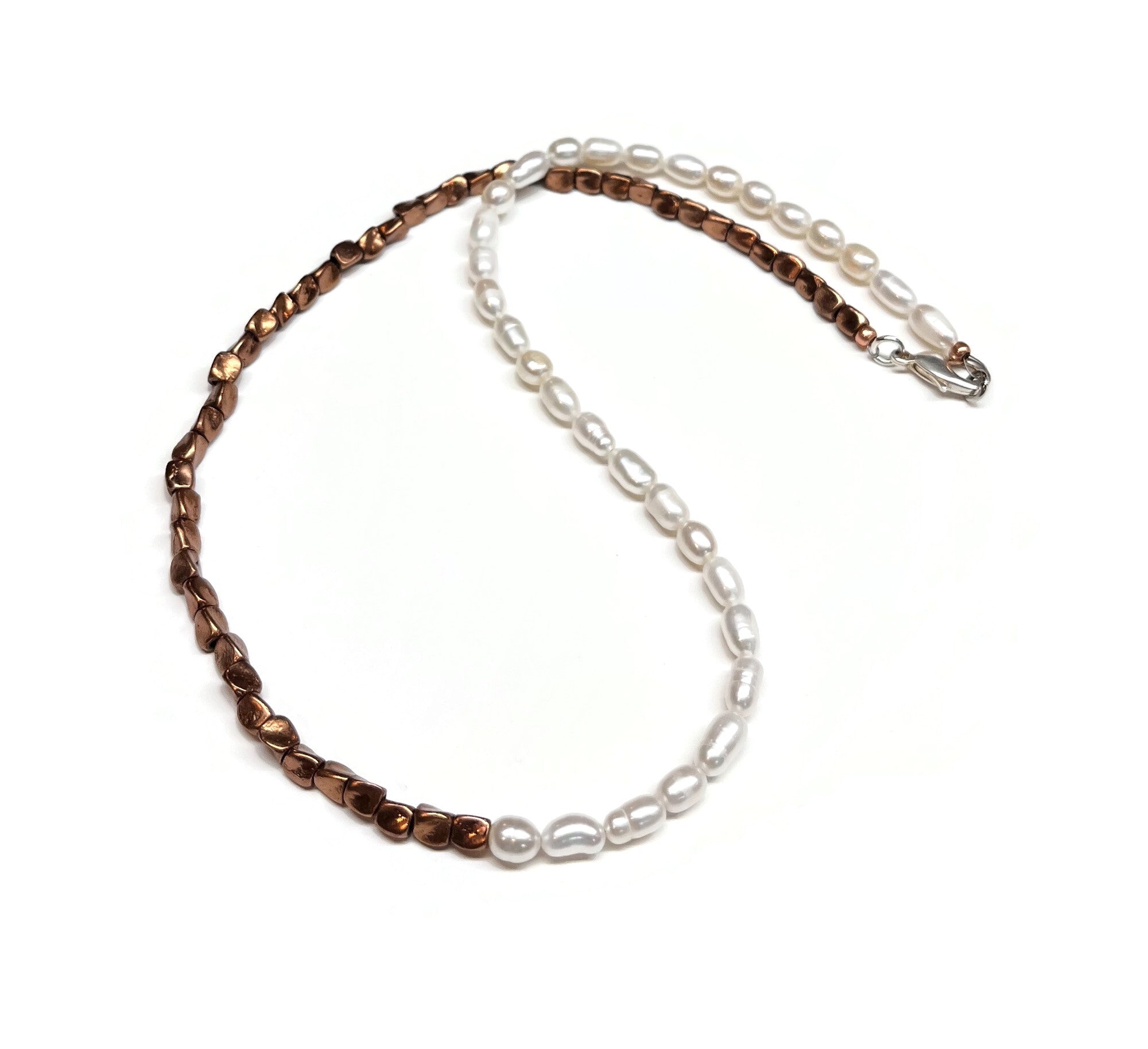 Freshwater Pearl and Copper Half and Half Beaded Necklace for Men