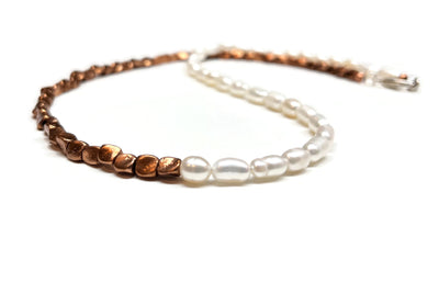 Freshwater Pearl and Copper Half and Half Beaded Necklace for Men
