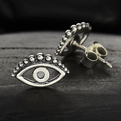 Handmade Sterling Silver Evil Eye Stud Earring - 6x10mm