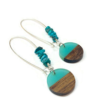 Load image into Gallery viewer, Turquoise Hoop Earrings Wood and Resin
