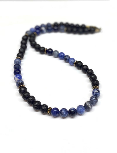 Blue Sodalite and Lava Rock Necklace - Antiqued Brass accents